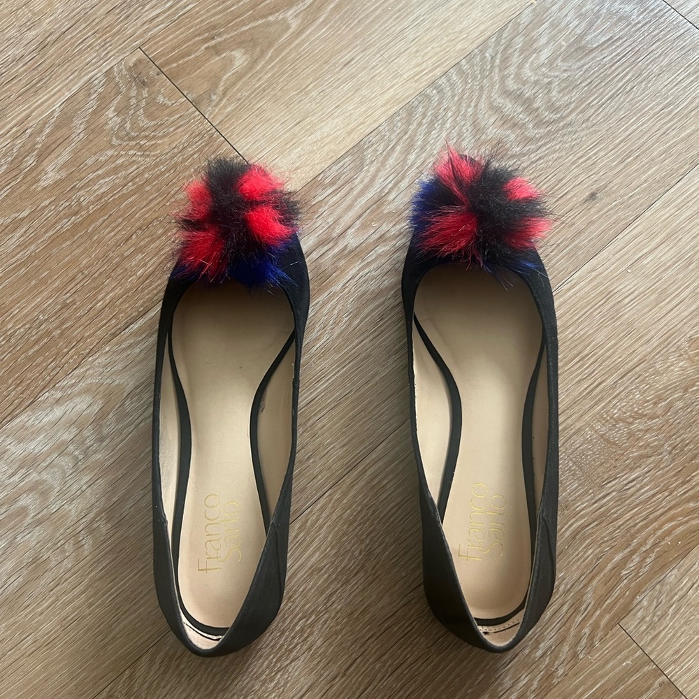 Franco Sarto Black Flats with Red and Blue Pom Poms